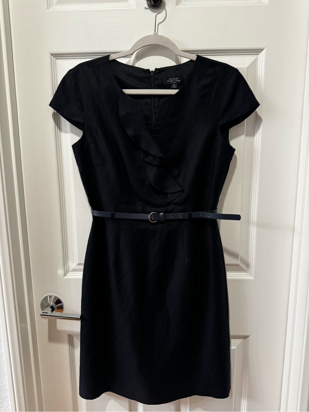 Tahari Arthur S. Levine Linen Blend Black Ruffle Midi Dress 8P - Picture 3 of 8